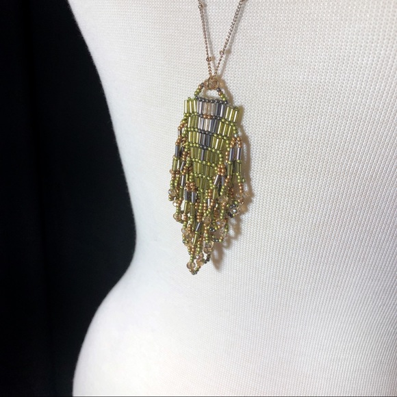Olive Green Glass Bead Loop Fringe Tassel Necklace - Picture 2 of 3